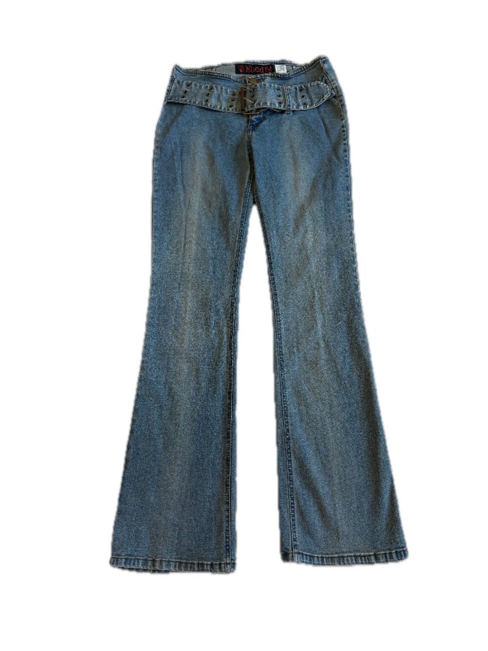 Mudd Blue Denim Low Rise Flare Jeans Belted Grommet Y2K Matching Size 11 Women's